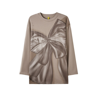 U/TI咖色蝴蝶结长袖T恤女 百搭盐系烫钻休闲上衣尤缇时尚秋季新款