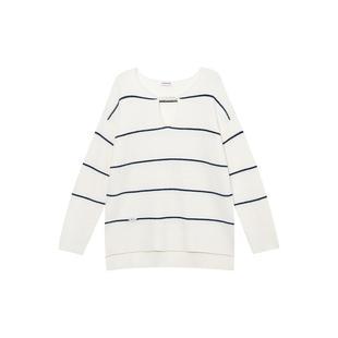 羊织道亚丁 薄款针织衫女条纹深条纹春秋新款长袖套头V领休闲上衣