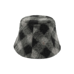 JOJOKUR 中古小众气质知识分子赫本风长绒马海毛格纹灯罩帽盆帽