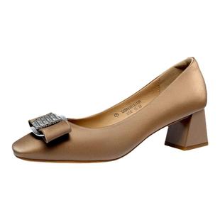 金利来粗跟单鞋女春秋女鞋高级感真丝绸缎牛皮百搭浅口中跟高跟鞋