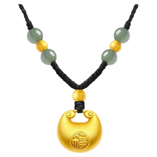 新中式黄金色小胖福袋项链女款2025新款转运珠和田玉黑绳锁骨链女