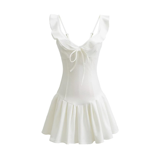 纯欲风少女甜辣V领背心裙修身系带蝴蝶结收腰显瘦短裙A字连衣裙夏