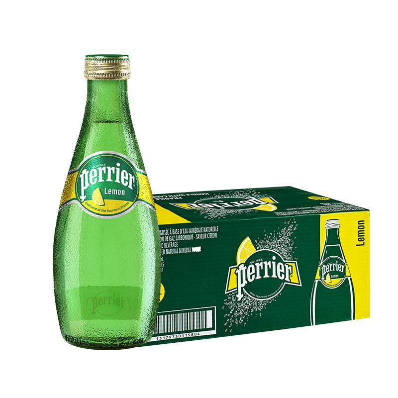 法国进口Perrier/巴黎水饮用矿泉水无糖柠檬味气泡水330ml*24瓶