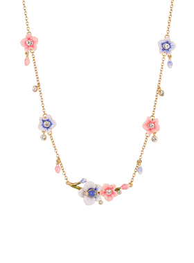 珍珠粉紫色渐变兰花水晶流苏项链