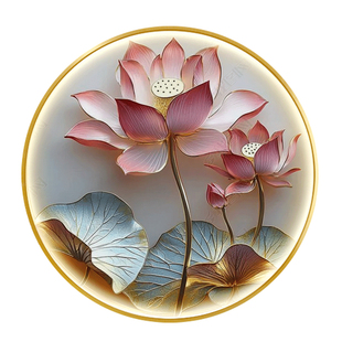 中国风荷花餐厅挂画新中式圆形玄关带灯装饰画客厅艺术LED灯壁画
