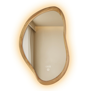 异形智能镜带灯发光中古风复古镜子卫生间化妆镜挂墙式实木浴室镜