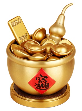 纯黄铜招财聚宝盆摆件玄关客厅