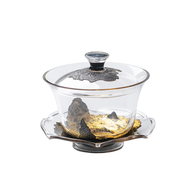 束刻 非遗大漆金箔耐热玻璃三才盖碗轻奢高档功夫茶具敬茶碗送礼
