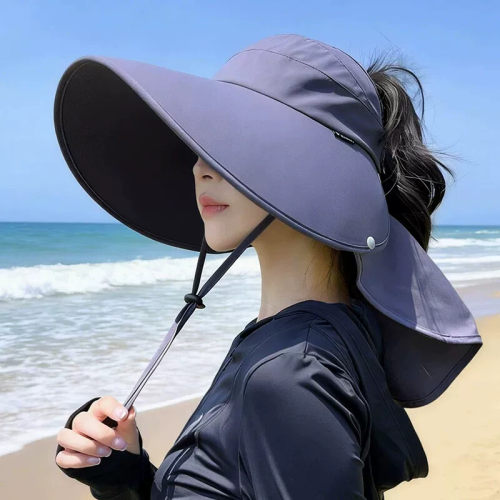 护颈一体遮阳帽女防晒防紫外线夏季户外空顶渔夫帽大檐骑车太阳帽
