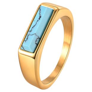 祥饰帝欧美时尚潮流钛钢金色方形绿松石戒指男款个性嘻哈简约饰品