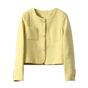 淘么淘 心动奶黄色 法式气质名媛香风双口袋圆领羊毛粗花呢短外套