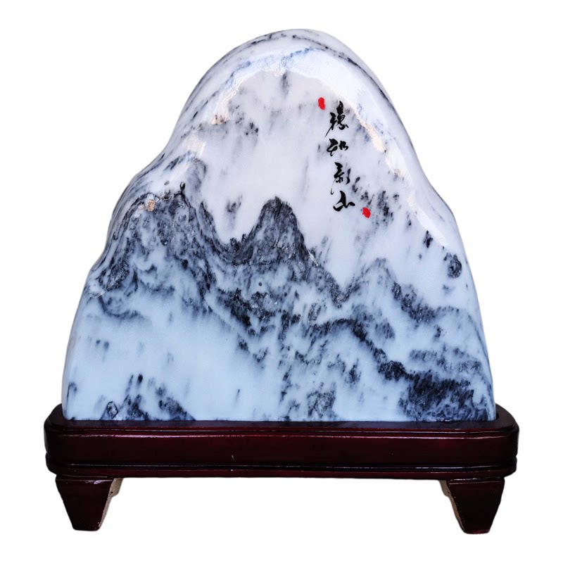 雪花玉国画石家居玄关桌面镇宅摆件客厅办公室靠山石泰山石敢当