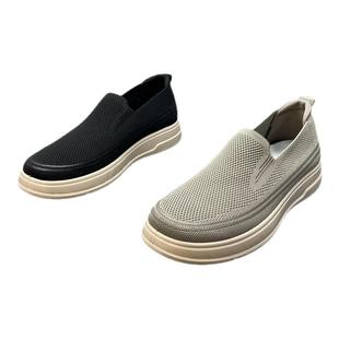 男鞋夏季透气飞织网面休闲黑色运动鞋一脚蹬厚底轻便老人针织布鞋