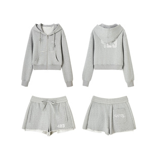 【心动预警】Uena美式复古灰色短款落肩袖连帽卫衣休闲短裤套装女