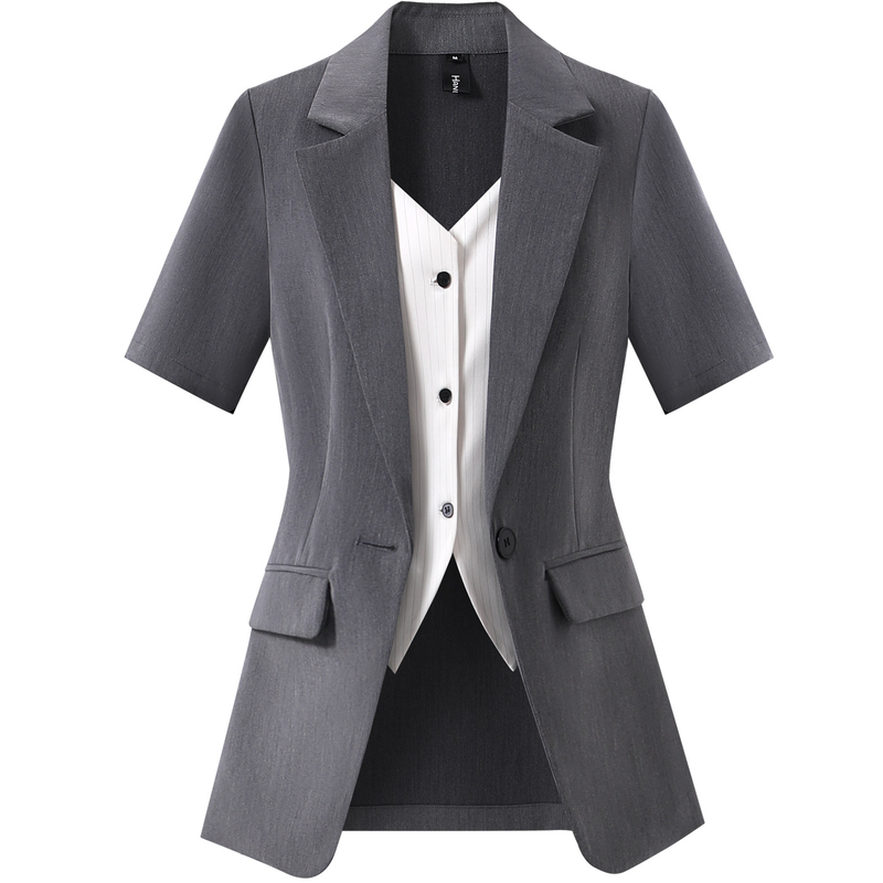 XZ230-短袖薄款西装外套大码女装胖MM假两件西服工作服职业套装