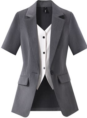 XZ230-短袖薄款西装外套大码女装胖MM假两件西服工作服职业套装