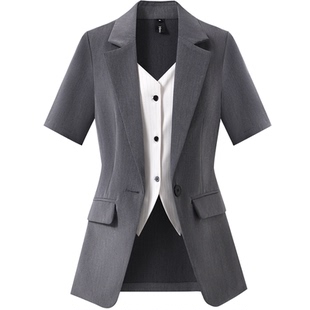XZ230-短袖薄款西装外套大码女装胖MM假两件西服工作服职业套装