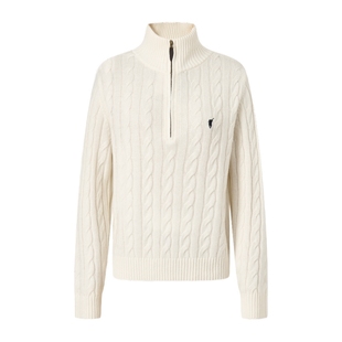 100%绵羊毛 POLOWALK女士羊毛衫2025秋冬立领半拉链红色绞花毛衣