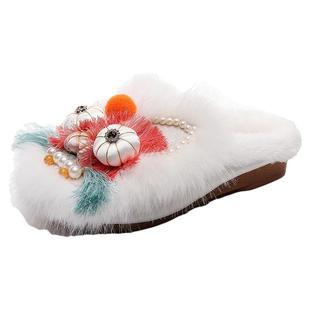 冬加绒手工成人虎头鞋平底毛口保暖居家拖鞋女外穿非遗民俗绣花鞋