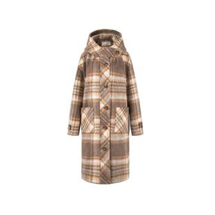 飞鸟和新酒时尚女装长款宽松格纹带帽保暖防风风衣式大衣外套