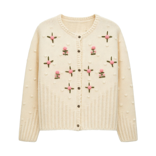 MOBAI默白 羊毛手工花朵刺绣古着毛衣女冬季复古圆领小众针织开衫