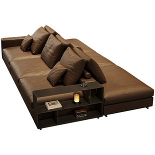 双面可坐背靠背直排真皮沙发大横厅模块组合咖色中古风别墅大户型