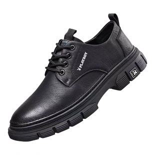 花花公子男鞋冬季加绒保暖真皮商务休闲鞋厚底增高黑色皮鞋爸爸鞋