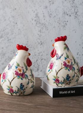 美式复古陶瓷鸡摆件新中式公鸡装饰品客厅电视柜玄关工艺品生肖鸡