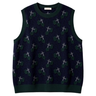 藏青色圆领针织马甲背心女春秋新款樱桃宽松显瘦慵懒无袖坎肩上衣