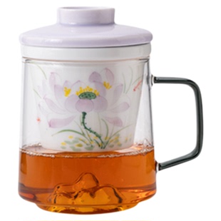 画续手绘紫荷花阅山玻璃办公杯马克杯茶水分离带陶瓷过滤家用水杯