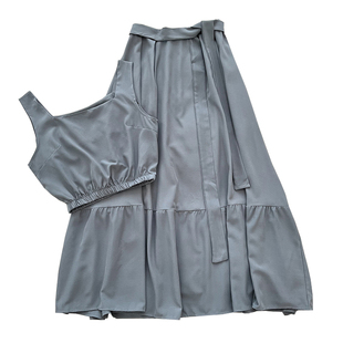 方领短款吊带背心上衣+系带高腰显瘦荷叶边中长款半身裙两件套女