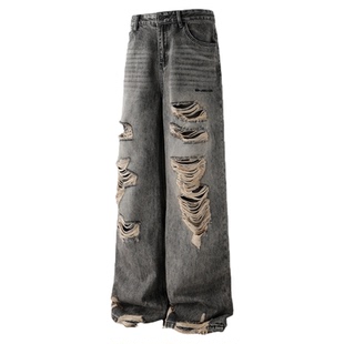BJHG不计后果美式vibe牛仔裤男冬季复古做旧破洞裤宽松猫须裤子女