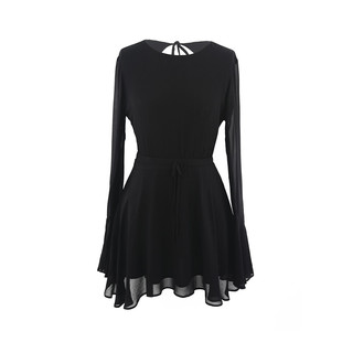美丽坏女人 黑色性感御姐气质长袖绑带露背飘逸显瘦短款连衣裙