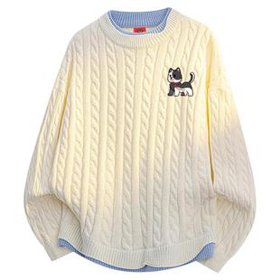 查尔斯桃心假两件圆领毛衣加绒保暖冬季小狗印花男女慵懒针织上衣