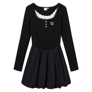 EPTISON长袖连衣裙女2025春夏新款复古修身少女风小个子花苞裙子