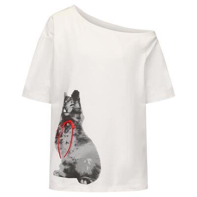 MARKGONG斜开肩小猫印花短袖T恤
