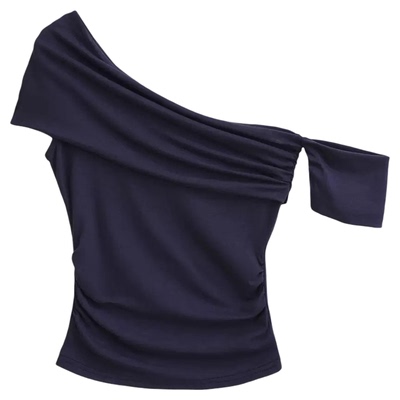 Lovedeath藏青色斜领一字肩上衣