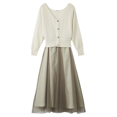 SNIDEL2025秋冬新品V领针织开衫高腰薄纱A字半身裙套装SWNO255014