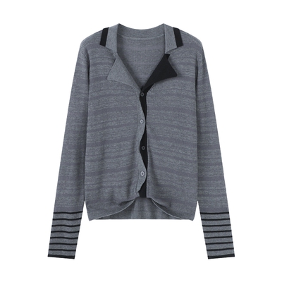 Basic House/百家好不规则撞色针织衫2024秋季新款条纹设计感上衣