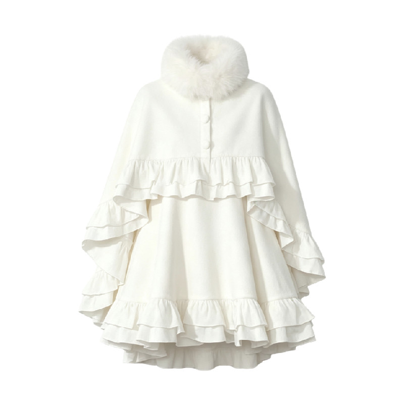 RECIT【新品限时9.5折】荷叶边少女羊毛斗篷连衣裙毛呢大衣外套