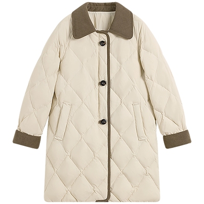 KBNE巴恩风菱形格中长款羽绒服女2025冬季新款显瘦拼接学院风外套