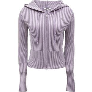 ONLY2025秋冬新款通勤做旧双头拉链显瘦坑条连帽条纹针织衫女