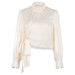 固执秋季新款中式立领斜襟绑带蝴蝶结提花短款长袖衬衫女上装