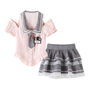 织物猪 粉霜日记 学院风粉色衬衫露肩上衣女夏蛋糕短裙两件套套装