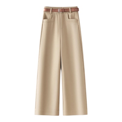 啄木鸟杏色毛呢阔腿裤女秋冬高腰宽松直筒裤加绒加厚窄版九分裤