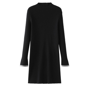 中长款修身毛衣裙半高领针织连衣裙女小个子包臀打底裙黑色毛衣裙