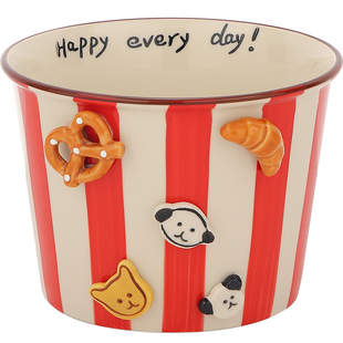 条纹爆米花碗陶瓷可爱泡面碗带盖水果碗家用炸鸡薯条碗儿童零食碗