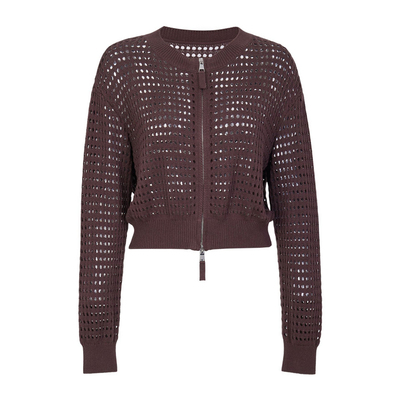 婉甸2026春季新品摩卡色镂空毛织拉链网眼高捻全棉开衫1251W11DJ3