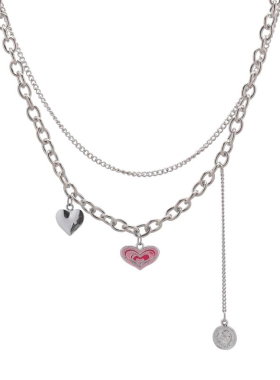 钛钢女双层叠戴爱心项链