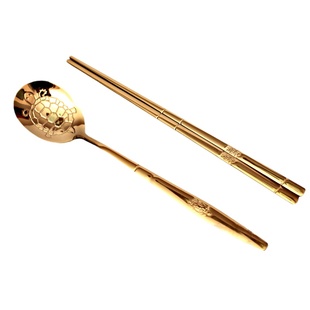 韩式不锈钢金色乌龟筷子勺套装长寿龟餐具镀金实心筷子勺子钛金